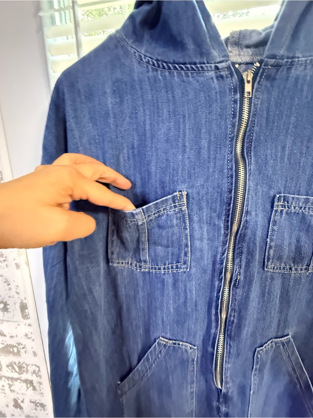 Denim Hooded Zip-Front Jumpsuit in Deep Blue - Picture 10 of 10